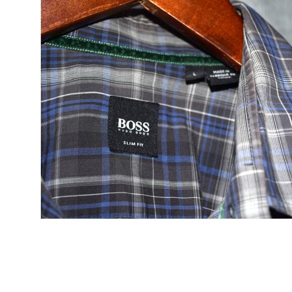 Hugo Boss Men’s Slim Fit Plaid Button-Down Shirt Blue Gray Size Large - Picture 3 of 3